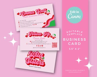 Pink Cherry Business Card Template | Girly Y2k Design (DIY Editable Canva)