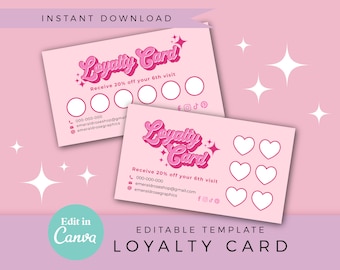 DIY Loyalty Card | Editable Canva Template- Pink Retro Customisable Rewards Card, Pretty Funky Logo Branding Set, Boho Hippie 70s cute logo
