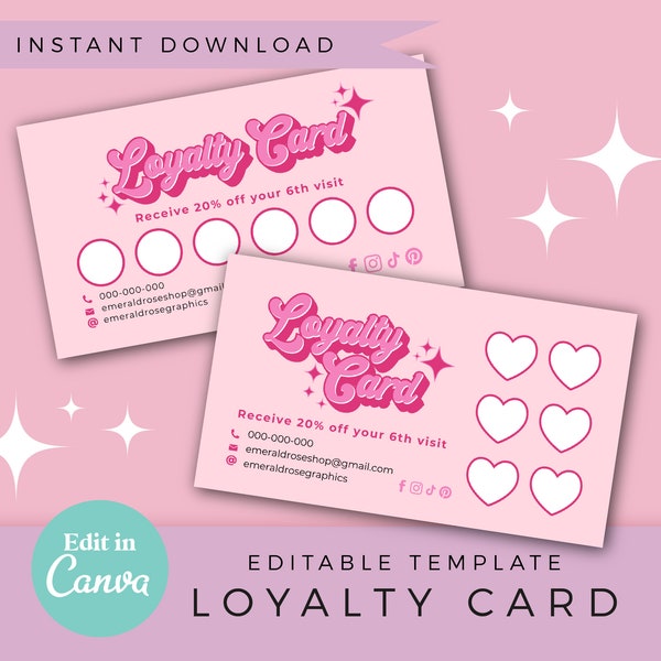 DIY Loyalty Card | Editable Canva Template- Pink Retro Customisable Rewards Card, Pretty Funky Logo Branding Set, Boho Hippie 70s cute logo