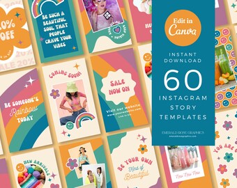 60 Canva Instagram Story Templates - Rainbow Retro Reel Posts, Editable Instagram Template, Instagram Quotes,  DIY Instagram Post Background