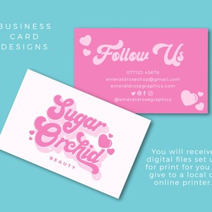 Puede incluir: Dos tarjetas de visita rosas con un logotipo rosa y blanco que dice "Sugar Orchid Beauty" y la informaci&oacute;n de contacto para "Follow Us".