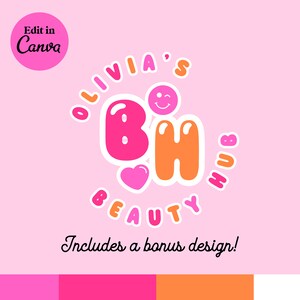 CANVA Pink Bubble Retro Logo DIY Template | Beauty Hub Pretty Editable ...