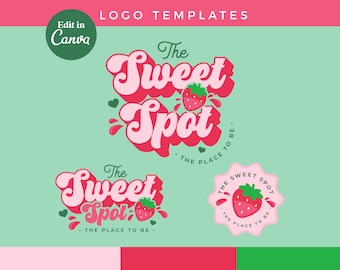 Canva Pink Strawberry Logo DIY Template | Editable Fun Retro Logo Design, Cute funky Logo, Beauty branding, Y2k girly Cafe, Bakery - 0137