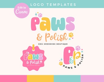 Canva Dog Grooming Logo DIY Template | Editable Fun Rainbow Pet Logo Design, Cute Paw Print Logo, Pet sitting, dog walking branding - 0135