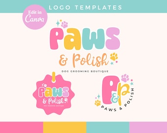 Canva Dog Grooming Logo DIY Template | Editable Fun Rainbow Pet Logo Design, Cute Paw Print Logo, Pet sitting, dog walking branding - 0135