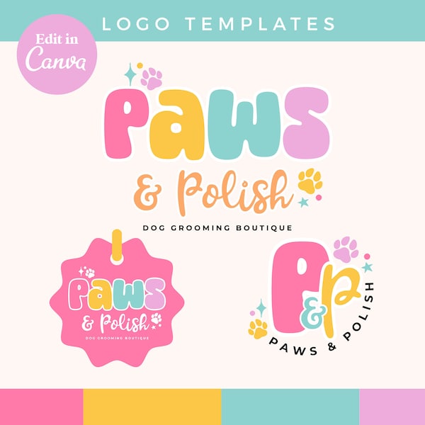 Canva Dog Grooming Logo DIY Template | Editable Fun Rainbow Pet Logo Design, Cute Paw Print Logo, Pet sitting, dog walking branding - 0135