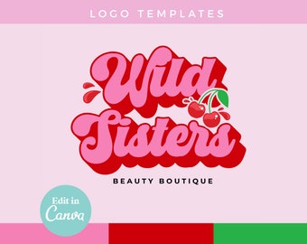 DIY Pink Red Cherry Logo Canva Template | Editable Fun Retro Logo Design, Cute funky Logo, Beauty branding, Y2k girly Lash, Nail Tech - 0136