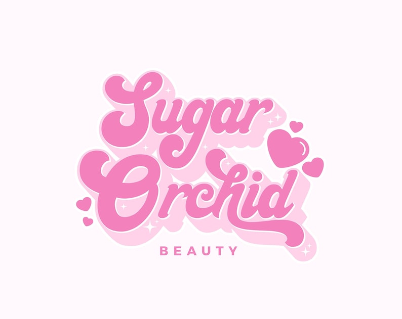 Puede incluir: Logotipo rosa con el texto "Sugar Orchid Beauty" en una fuente estilizada. El logotipo incluye corazones y estrellas.