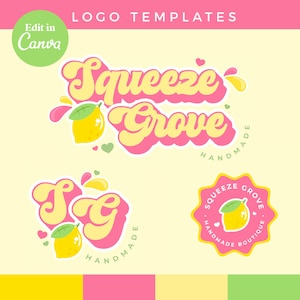 Canva Pink Yellow Lemon Logo DIY Template | Editable Fun Retro Logo Design, Cute funky Logo, Beauty brand, Y2k girly Citrus, Lemonade - 0139