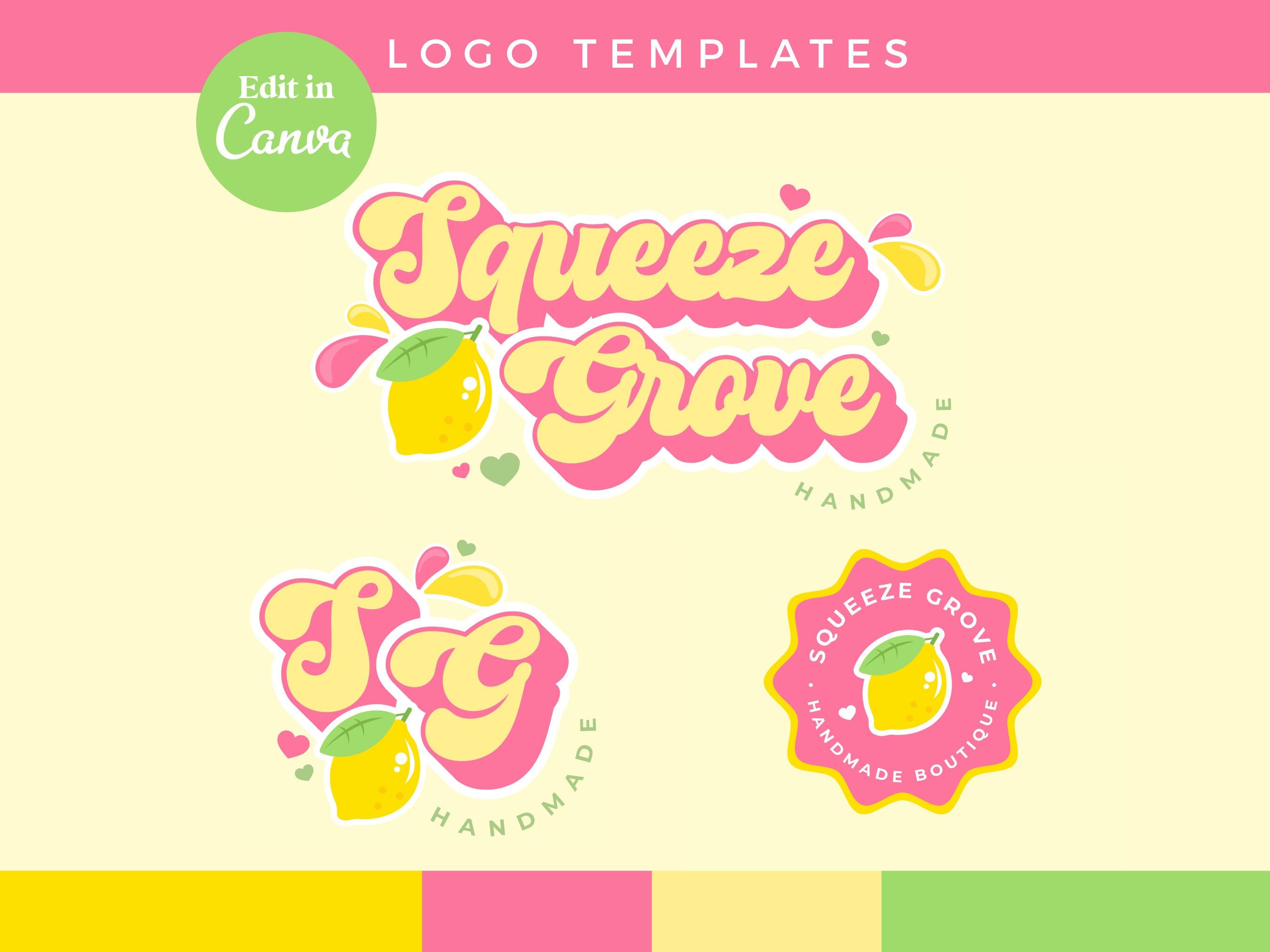 Canva Pink Yellow Lemon Logo DIY Template | Editable Fun Retro Logo Design, Cute funky Logo, Beauty brand, Y2k girly Citrus, Lemonade - 0139