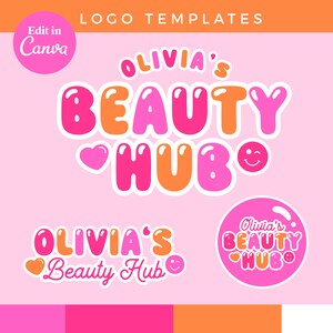 May include: A pink and orange logo template for a beauty business called "Olivia's Beauty Hub". The logo features a heart, a smiley face, and the text "Olivia's Beauty Hub" in a bubble-like font.
