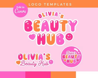DIY Pink Bubble Retro Logo CANVA Template | Beauty Hub Pretty Editable Logo Design, Funky Y2k Pink Orange Logo, Modern Cute Pretty Branding
