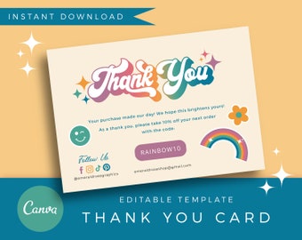 Thank You Card | Editable Canva Template- Retro Rainbow Customisable Thankyou Order Card, Pretty Funky Logo Branding Set, Boho Hippie 70s