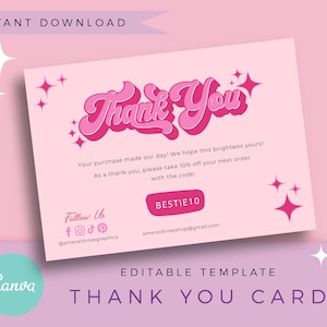 Thank You Card | Editable Canva Template- Pink Retro Customisable Thankyou Order Card, Pretty Funky Logo Branding Set, Boho Hippie 70s logo