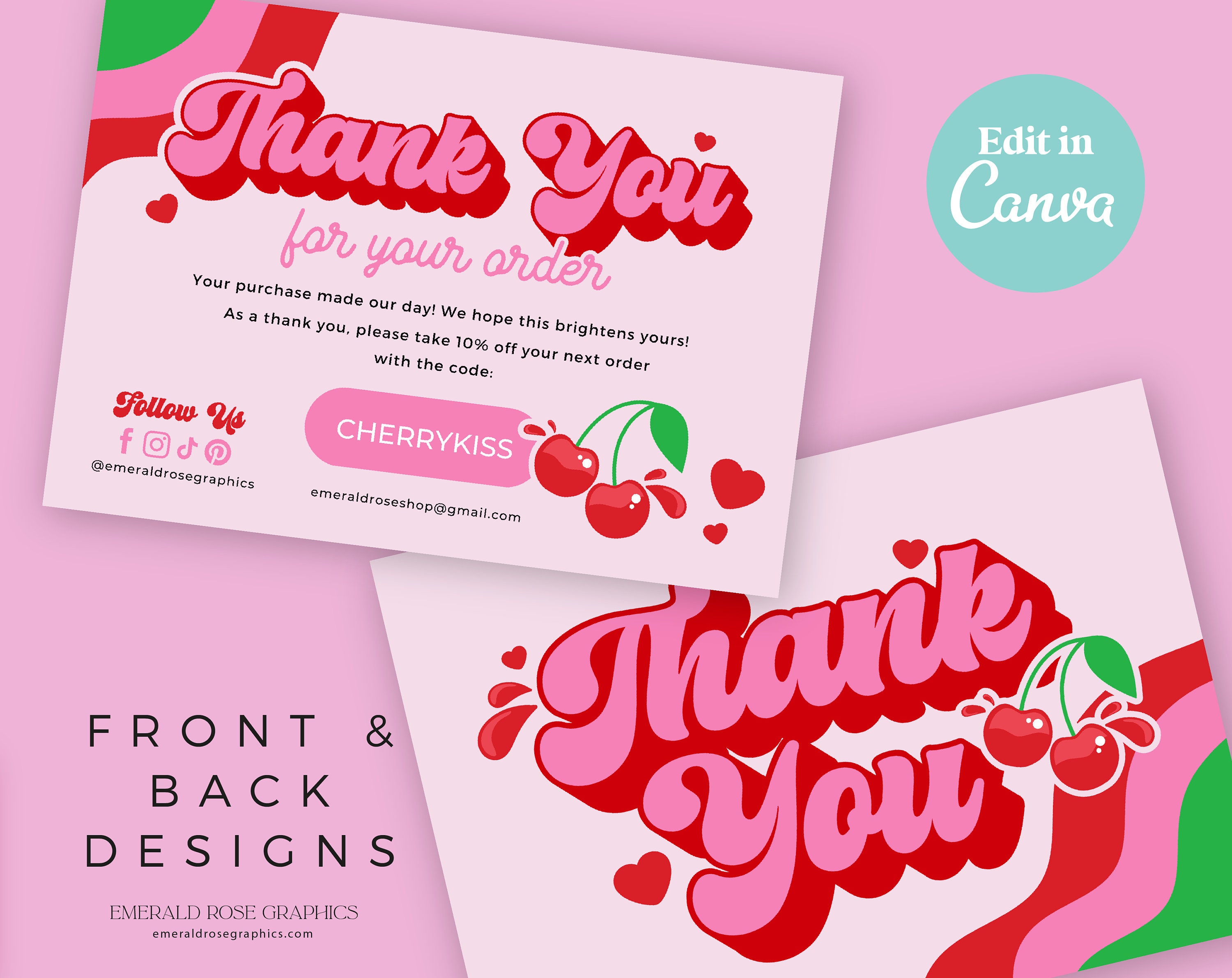 Thank You Card | Pink Red Cherry Editable Canva Template- Retro Y2K ...