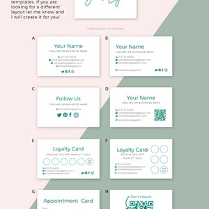 Puede incluir: Ocho plantillas de tarjetas de visita diferentes con varios dise&ntilde;os. Las plantillas incluyen opciones para una tarjeta de fidelizaci&oacute;n, una tarjeta de cita y una tarjeta de "S&iacute;guenos". Cada plantilla presenta un esquema de color verde e incluye informaci&oacute;n de contacto, iconos de redes sociales y un c&oacute;digo QR.