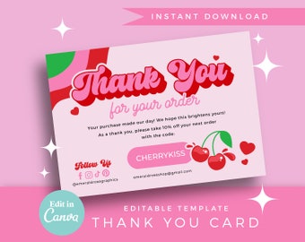 Thank You Card | Pink Red Cherry Editable Canva Template- Retro Y2K Customisable Thankyou Order Card, Small Business Funky Cute Logo- 0136