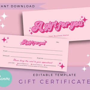 Chèque-cadeau | Modèle de toile modifiable - carte de commande de bon-cadeau personnalisable rétro rose, ensemble de marque de logo assez funky, hippie bohème des années 70