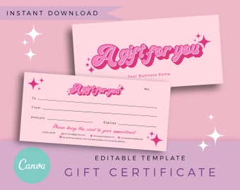 Gift Certificate | Editable Canva Template- Pink Retro Customisable Gift Voucher Order Card, Pretty Funky Logo Branding Set, Boho Hippie 70s