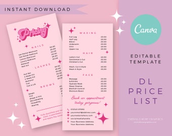 Price List | Editable Canva Template- Pink Retro DIY Customisable Price Menu Card, Pretty Funky Logo Branding Set, Boho Hippie 70s logo