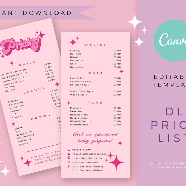 Price List | Editable Canva Template- Pink Retro DIY Customisable Price Menu Card, Pretty Funky Logo Branding Set, Boho Hippie 70s logo