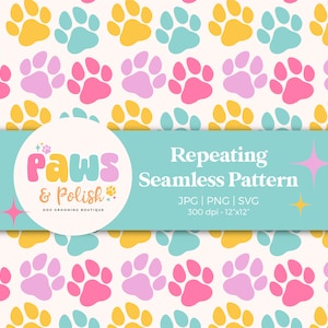 Könnte beinhalten: Ein sich wiederholendes nahtloses Muster mit rosa, gelben und türkisfarbenen Pfotenabdrücken auf cremefarbenem Hintergrund. Das Design enthält den Text "Paws & Polish" und "Repeating Seamless Pattern". Das Bild ist 30,48 cm x 30,48 cm groß.