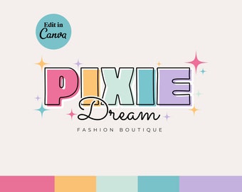 Canva Retro Pastel Rainbow Logo DIY Template | Editable Fun Colourful Boho Logo Design, Cute Bright Branding, Boutique Logo - Pixie Dream