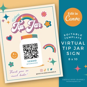 Enseigne virtuelle pour pot pour embouts 8 x 10 | Modèle modifiable canva rétro arc-en-ciel - Logo QR Code, astuce imprimable, paiement Venmo Cashapp bricolage, funky et mignon