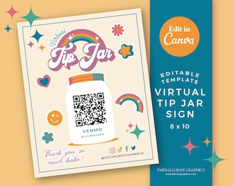 Virtual Tip Jar Sign 8x10 | Editable Canva Retro Rainbow Template- Logo QR Code Sign, Printable Tip DIY Venmo Cashapp Payment, Funky & Cute