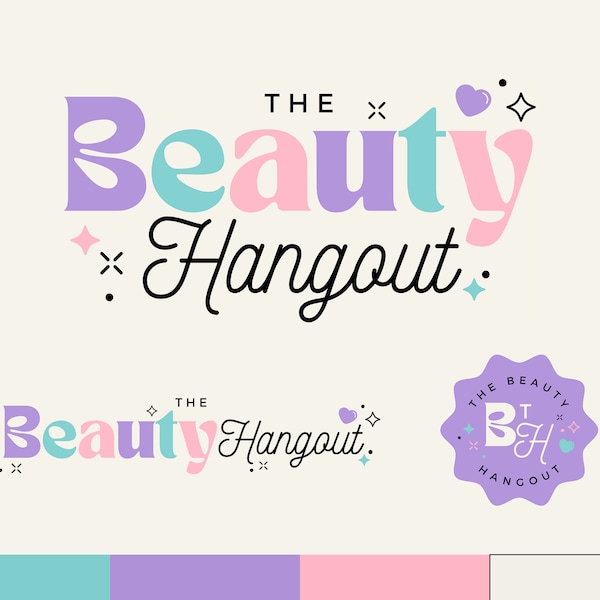 Canva Pastel Logo DIY Template | The Beauty Hangout Pretty Editable Retro Logo Design - Premade Colourful Pastel Branding, Pink Rainbow Logo