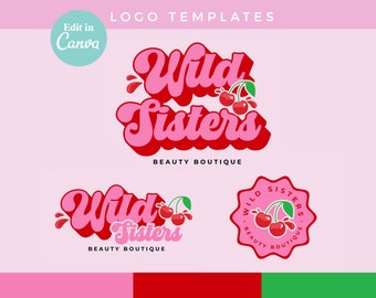 Canva Pink Red Cherry Logo DIY Template | Editable Fun Retro Logo Design, Cute funky Logo, Beauty branding, Y2k girly Lash, Nail Tech - 0136