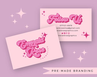 Pink Retro Logo & Business Card Package, Pretty Beauty Logo, Funky Logo Branding Set, Boho Premade Vintage Business Card Design, Hippie 70s