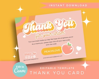 Thank You Card | Peach Orange Editable Canva Template- Retro Y2K Customisable Thankyou Order Card, Small Business Funky Cute Logo- 0138