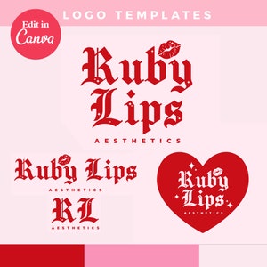 May include: A set of logo templates for a business called "Ruby Lips Aesthetics". The logos feature a red heart, a red lip, and the text "Ruby Lips" in a gothic font.