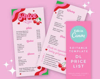 Price List | Editable Canva Template- Pink Red Cherry DIY Customisable Price Menu, Pretty Funky Logo Branding, Retro Y2K, Salon, Nails- 0136