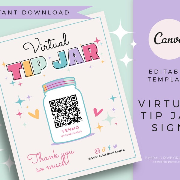 Virtual Tip Jar Sign 8x10 | Editable Canva Template- Pastel Rainbow Custom QR Code Sign, Printable Tip DIY Venmo Cashapp Payment Sign Pixie