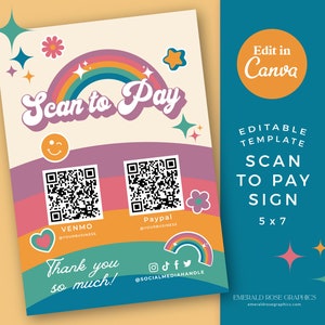 Scan To Pay 13x18 | Bearbeitbare Canva Retro Regenbogen Vorlage - Logo QR-Code-Zeichen, druckbare Spitze DIY Venmo Cashapp Zahlung, Funky & Cute