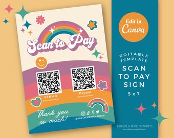 Scan To Pay Sign 5x7 | Editable Canva Retro Rainbow Template- Logo QR Code Sign, Printable Tip DIY Venmo Cashapp Payment, Funky & Cute