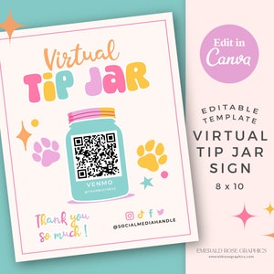 Virtuelles Trinkglas Zeichen 20x26cm | Bearbeitbare Canva-Vorlage - Logo QR-Code-Zeichen, druckbare Spitze DIY Venmo Cashapp-Zahlung, Regenbogenpfotenabdruck - 0135
