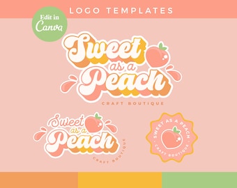 Canva Peach Orange Logo DIY Template | Editable Fun Retro Logo Design, Cute funky Logo, Beauty branding, Y2k girly Handmade, Craft - 0138