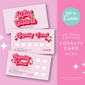 Pink Rote Kirsche Loyalitätskarte Canva Template | Visitenkarten-Design, DIY bearbeitbare Karte, niedlich funky, Beauty-Branding, Y2k girly Lash - 0136