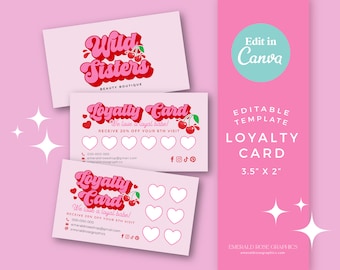 Pink Red Cherry Loyalty Card Canva Template | Business Card Design, DIY Editable Card, Cute funky, Beauty branding, Y2k girly Lash - 0136