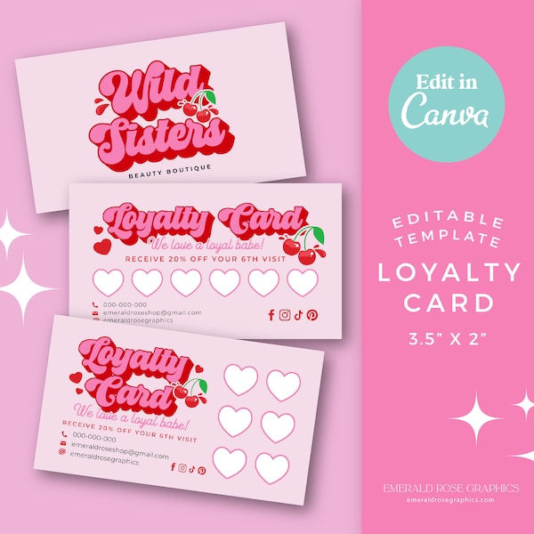 Pink Red Cherry Loyalty Card Canva Template | Business Card Design, DIY Editable Card, Cute funky, Beauty branding, Y2k girly Lash - 0136