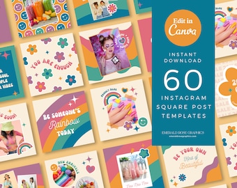 Rainbow Retro Instagram Post Templates - Editable Canva Designs (Digital Download)
