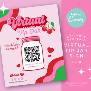 Virtuelles Trinkglas Zeichen 20x26cm | Bearbeitbare Canva Pink Red Cherry Vorlage - Logo QR-Code-Zeichen, druckbare Spitze DIY Venmo Cashapp Zahlung, Y2K-0136