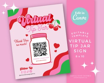 Virtual Tip Jar Sign 8x10 | Editable Canva Pink Red Cherry Template- Logo QR Code Sign, Printable Tip DIY Venmo Cashapp Payment, Y2K- 0136