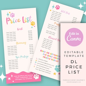 Lista de preços do Canva | Modelo editável - Menu personalizável DIY para tosa de cães, animal de estimação divertido em arco-íris, logotipo fofo de pegada de pata, passeio de cachorro sentado - 0135
