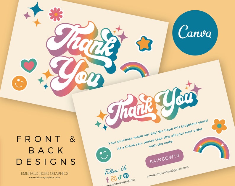 Buy Thank You Card | Editable Canva Template- Retro Rainbow ...