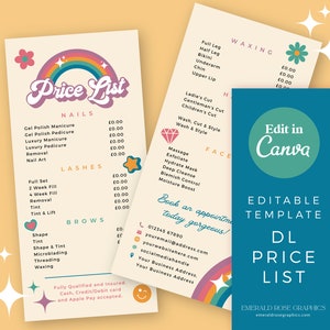 Lista de preços | Modelo editável do Canva - Menu de preços personalizável DIY retrô arco-íris, logotipo de marca bem descolado, beleza, unhas, cabelo, padaria, tatuagem