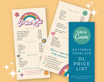 Price List | Editable Canva Template- Rainbow Retro DIY Customisable Price Menu, Pretty Funky Logo Branding, Beauty Nails Hair Bakery Tattoo